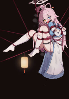 absurdres ahoge anal anal_object_insertion arms_behind_back ball_gag bdsm black_background blue_archive bondage bound bound_ankles bound_arms bound_legs bound_torso chinese_clothes dildo female_focus from_side full_body gag gagged hair_rings halo hanfu heterochromia highres hoshino_(blue_archive) hoshino_(mid-autumn_festival)_(blue_archive) huge_ahoge jiaoling_ruqun lantern long_hair looking_at_viewer mimoun no_shoes object_insertion orgasm pink_hair pink_halo pussy_juice red_rope restrained rope saliva sex_toy shibari shibari_over_clothes simple_background socks stationary_restraints suspension tears vaginal vaginal_object_insertion vibrator vibrator_cord white_socks