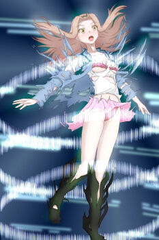 1girl blue_vest breasts brown_eyes cleavage commentary_request digimon digimon_adventure_tri. digimon_frontier exploding_clothes henshin jewelry long_hair necklace shirt small_breasts solo spirit_evolution tachikawa_mimi torn_clothes transformation vest white_shirt withlike