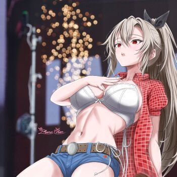 1girl absurdres artist_name background_request belt black_ribbon blue_shorts blurry blurry_background bra breasts brown_belt checkered_clothes checkered_shirt cleavage collarbone commentary cosplay cowboy_shot denim denim_shorts english_commentary eydis_(sao) fingernails grey_hair hair_between_eyes hair_ribbon hand_on_own_chest highres kwon_eun-bi kwon_eun-bi_(cosplay) large_breasts long_fingernails long_hair navel open_clothes open_mouth open_shirt phanuchan real_life red_eyes red_shirt ribbon shirt short_shorts short_sleeves shorts signature solo stomach sword_art_online sword_art_online:_alicization sword_art_online:_unleashed_blading teeth underwear upper_teeth_only white_bra