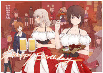 6+girls :d absurdres akaboshi_koume alcohol anchovy_(girls_und_panzer) anzio_military_uniform apron back bar_(place) barmaid bavarian_flag bc_freedom_military_uniform beer beer_mug birthday black_jacket black_shirt blonde_hair blue_eyes blue_shorts blush boots bow breasts brown_eyes brown_hair chair chi-hatan_military_uniform cleavage closed_eyes closed_mouth commentary cross crossed_arms cup darjeeling_(girls_und_panzer) dessert detached_sleeves dirndl dress drill_hair drinking food fork frown garrison_cap german_clothes germany girls_und_panzer green_hair grey_hair hair_between_eyes hair_bow hair_ribbon hand_on_own_arm happy_birthday hat head_on_arm highres holding holding_cup holding_food holding_fork indoors iron_cross itsumi_erika jacket katyusha_(girls_und_panzer) kay_(girls_und_panzer) keizoku_military_uniform kuromorimine_military_uniform large_breasts long_hair looking_at_another looking_at_viewer looking_back marie_(girls_und_panzer) medium_breasts medium_hair mika_(girls_und_panzer) miniskirt mug multiple_girls navel nekounko nishi_kinuyo nishizumi_maho nishizumi_miho nonna_(girls_und_panzer) ooarai_military_uniform open_clothes open_jacket open_mouth pleated_skirt pravda_school_uniform red_shirt red_star ribbon saunders_military_uniform sausage school_uniform shirt short_hair short_sleeves shorts siblings sisters sitting skirt smile st._gloriana&#039;s_military_uniform standing star_(symbol) symbol-only_commentary t-shirt table track_jacket track_suit tulip_hat twin_drills waitress white_skirt wooden_chair wooden_floor wooden_table yellow_skirt