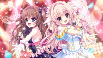 2girls :d ahoge backless_outfit bead_bracelet beads black_dress blonde_hair blue_eyes bow bracelet braid breasts brown_hair clothing_cutout concert confetti crown_braid dot_nose dress dutch_angle film_grain game_cg gloves hair_bow hair_intakes holding holding_microphone izumi_tsubasu jewelry lens_flare long_braid long_hair looking_at_viewer medium_breasts microphone multiple_girls non-web_source off-shoulder_dress off_shoulder official_art open_mouth outstretched_arm outstretched_hand re:stage! reaching reaching_towards_viewer screen shikimiya_aone shiratori_amaha_(re:stage!) side_cutout skirt small_breasts smile sparkle stage_lights striped_clothes striped_dress striped_skirt two_side_up vertical-striped_clothes vertical-striped_dress vertical-striped_skirt white_bow white_dress white_gloves white_skirt