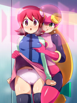 2girls bad_id bad_twitter_id black_thighhighs blush capcom clothes_lift femdom gluteal_fold grabbing_another&#039;s_breast green_eyes groping heart helmet highres hypnosis konpeto licking_lips mayl_sakurai_(mega_man) mega_man_(series) mega_man_battle_network mega_man_battle_network_(series) mind_control multiple_girls panties pink_panties pussy_juice_stain red_hair roll.exe_(mega_man) skirt skirt_lift stained_panties thigh_gap thighhighs tongue tongue_out underwear yuri