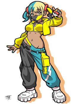 1girl agongaaka bandeau belt black_belt breasts canari_(pokemon) commentary_request cropped_jacket full_body hand_up holding holding_poke_ball hood hood_down hooded_jacket jacket long_sleeves looking_at_viewer mask mouth_mask multicolored_hair multicolored_nails nail_polish navel nintendo pants poke_ball poke_ball_(basic) pokemon pokemon_legends:_z-a shoes solo standing twintails white_shoes yellow_bandeau yellow_jacket zipper zipper_pull_tab