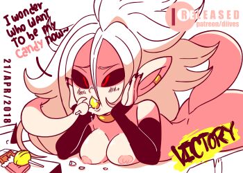 1girl android_21 animated animated_gif artist_name ass black_gloves black_sclera blush breasts candy chocolate colored_sclera dated diives dragon_ball dragon_ball_fighterz earrings eating elbow_gloves english_text fang female_focus food gloves hands_on_own_face holding holding_with_tail jewelry lollipop lying majin_android_21 medium_breasts nail_polish nipples nude on_stomach open_mouth pointy_ears prehensile_tail red_eyes saliva signature simple_background smile solo tail talking text_focus tongue tongue_out white_background white_hair