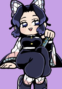 1girl :d bkub black_hair black_pants black_shirt black_socks blue_eyes blush_stickers butterfly_hair_ornament character_request copyright_request feet_out_of_frame fishnet_sleeves fishnet_socks fishnets hair_ornament hand_up highres long_sleeves open_mouth pants parted_bangs purple_background shirt short_hair simple_background sitting smile socks solo teeth upper_teeth_only