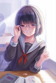 Rule 34 | 1girl, 1other, adjusting eyewear, bad id, bad pixiv id, black-framed eyewear, black hair, black shirt, blunt ends, blurry, blurry background, bob cut, book, buttoned cuffs, buttons, chair, cherry blossoms, classroom, day, desk, elbow rest, eraser, flower, highres, indoors, kafkasea, long sleeves, looking at viewer, neckerchief, open book, original, parted lips, pen, petals, pink flower, purple eyes, red neckerchief, russian text, sailor collar, school chair, school desk, shirt, short hair, smile, solo focus, textbook, upper body, white sailor collar