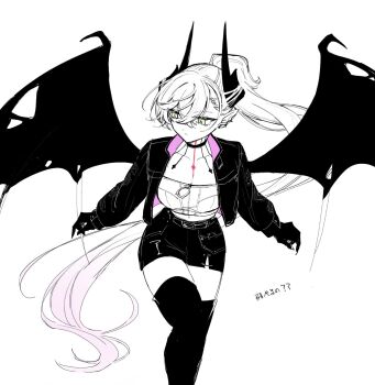 bat_wings black_thighhighs breasts collarbone demon_horns earrings fate/grand_order fate_(series) gradient_hair green_eyes highres horns jewelry large_breasts lilith_(fate) lilith_(over_the_same_sky)_(fate) mo_(aabx315) multicolored_hair neck_tattoo pencil_skirt pink_hair ponytail single_earring skirt tattoo thighhighs white_hair wings