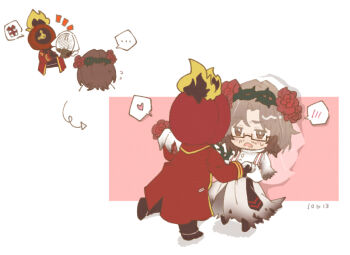 ... 1boy 1other ^^^ absurdres alternate_costume arrow_(symbol) beard_stubble black-framed_eyewear black-framed_glasses black_fire black_gloves black_pants black_shirt black_shoes blush boots bridal_veil brown_eyes brown_hair capelet chibi chibi_only clock coat crown_of_thorns dante_(limbus_company) dirty dirty_clothes dress dress_shirt e.g.o_(project_moon) expressionless facial_hair fire flower flower_wreath flying_sweatdrops formal_clothes from_behind from_side full_body g_corp._(identity)_(project_moon) garden_of_thorns_(e.g.o) gauntlet gauntlets glasses gloves gold_trim gregor_(project_moon) hair_between_eyes hair_flower hair_intakes hair_ornament hair_vines hairband half-closed_eyes hand_up hands_up head_wreath heart highres holding holding_hands jitome lapels laurel_crown leg_up lily26983455 limbus_company long_coat long_hair long_sleeves looking_at_another male_bride male_focus mannequin necktie notched_lapels notice_lines object_head official_alternate_costume open_clothes open_coat open_mouth pants pants_under_dress parted_bangs pink_background plant project_moon rectangular_eyewear red_coat red_flower red_necktie red_rose red_strips rose sanpaku sash see-through_clothes see-through_veil semi-rimless_eyewear shirt shirt_tucked_in shoes shoulder_sash simple_background single_gauntlet single_glove speech_bubble spoken_blush spoken_ellipsis spoken_gift spoken_heart standing stubble suit sweatdrop thorns torn_capelet torn_clothes torn_dress under-rim_eyewear upper_body veil vines waist_sash wedding wedding_dress white_background white_dress white_gloves white_pants white_sash yaoi yellow_fire yellow_trim