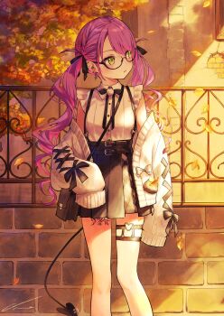 1girl absurdres alternate_hairstyle aran_sweater autumn autumn_leaves bag belt bespectacled bibi_(tokoyami_towa) black-framed_eyewear black_belt black_bow black_bowtie black_ribbon blush bow bowtie breasts cable_knit cardigan collared_shirt commentary cross cross_earrings day demon_tail earrings expressionless falling_leaves feet_out_of_frame glasses green_eyes hair_ribbon handbag heart heart_earrings heart_o-ring highres hololive jewelry leaf leg_tattoo long_hair looking_to_the_side miniskirt multicolored_hair nemoto_yuuma o-ring o-ring_thigh_strap official_alternate_costume open_cardigan open_clothes outdoors parted_lips piercing pink_hair pleated_skirt pom_pom_(clothes) purple_hair ribbon semi-rimless_eyewear shade shirt shirt_tucked_in signature skirt sleeves_past_fingers sleeves_past_wrists small_breasts solo standing streaked_hair sunlight suspender_skirt suspenders sweater swept_bangs tail tail_ornament tail_piercing tattoo thigh_strap tokoyami_towa tokoyami_towa_(jirai_kei) twintails two-tone_hair virtual_youtuber wavy_hair white_cardigan white_shirt wing_collar