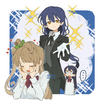 ... 2girls alternate_costume asymmetrical_hair black_jacket black_pants black_suit blue_background blue_hair blunt_bangs border bow bowtie brown_hair closed_eyes collared_shirt cowboy_shot cropped_torso crossdressing crossdressing_(ftm) dated formal_clothes gloves green_bow grey_vest hair_bow hands_on_own_cheeks hands_on_own_face heart highres imagining jacket jaw_drop long_hair long_sleeves looking_at_viewer love_live! love_live!_school_idol_project low-tied_long_hair minami_kotori minamip multiple_girls multiple_views neck_ribbon one_side_up open_mouth orange_eyes outline outside_border pants reaching reaching_towards_viewer red_bow red_bowtie ribbon shirt signature smile sonoda_umi sparkle spoken_ellipsis standing striped_bow striped_bowtie striped_clothes suit surprised two-tone_background vest white_background white_border white_gloves white_outline white_shirt yuri