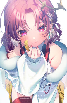 1girl blush braid brown_hair closed_mouth commentary_request commission copyright_request fur-trimmed_jacket fur_trim ginkgo_leaf hand_up headphones headphones_around_neck highres holding holding_leaf jacket leaf long_hair long_sleeves looking_at_viewer nail_polish off_shoulder open_clothes open_jacket parted_bangs puffy_long_sleeves puffy_sleeves red_eyes red_nails red_thighhighs rinndouk shirt skeb_commission sleeveless sleeveless_shirt sleeves_past_wrists solo thighhighs twitter_username virtual_youtuber watermark white_background white_jacket white_shirt