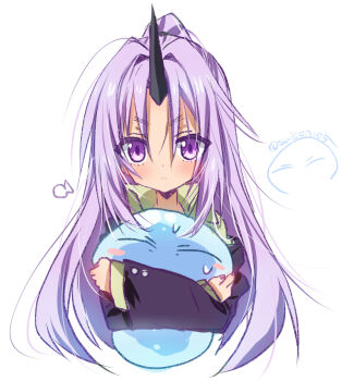 1girl 1other akatsuki_(ggsy7885) blush_stickers closed_eyes closed_mouth commentary_request cropped_torso doodles horns huffing jacket light_blush light_frown long_hair long_sleeves looking_at_viewer oni purple_eyes purple_hair purple_jacket rimuru_tempest_(slime) shion_(tensura) simple_background single_horn slime_(creature) sweatdrop tensei_shitara_slime_datta_ken twitter_username white_background