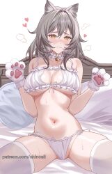 Rule 34 | 1girl, animal ears, animal hands, bed, bell, blush, bra, breasts, cat ears, cat lingerie, cat paws, chinoa, cleavage, cleavage cutout, clothing cutout, collar, frilled bra, frilled collar, frills, gloves, grey hair, hair between eyes, hair intakes, hands up, heart, highres, honkai: star rail, honkai (series), knees out of frame, large breasts, looking at viewer, medium hair, meme attire, navel, neck bell, panties, patreon username, paw gloves, simple background, sitting, skindentation, solo, stelle (honkai: star rail), stomach, sweat, sweatdrop, thighhighs, trailblazer (honkai: star rail), underwear, white background, white bra, white collar, white panties, white thighhighs, yellow eyes