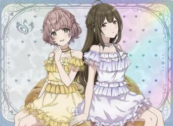 2girls ahoge braid brown_eyes brown_hair dress heart highres idolmaster idolmaster_shiny_colors ikuta_haruki kuwayama_chiyuki multiple_girls official_art open_mouth sitting white_dress yellow_dress yellow_eyes