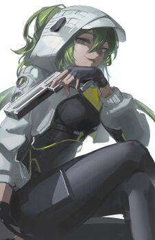 1girl absurdres arknights arknights:_endfield black_bodysuit black_gloves bodysuit breasts commentary crossed_legs fingerless_gloves fluorite_(arknights) gloves green_eyes green_hair gun hair_between_eyes hair_through_hood highres holding holding_gun holding_weapon hood hooded_shrug long_hair looking_at_viewer medium_breasts parted_lips phyriaxi ponytail shrug_(clothing) sitting smile solo weapon white_shrug