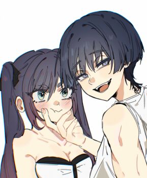 1boy 1girl alternate_costume aqua_eyes bare_shoulders birthmark black_hair black_mouth blunt_ends blush breasts casual cheek_press cleavage closed_mouth collarbone colored_tips contemporary eyelashes genshin_impact gradient_hair grey_eyes hair_between_eyes hand_on_another&#039;s_cheek hand_on_another&#039;s_face hetero highres long_hair looking_at_another looking_at_viewer looking_back medium_breasts mitsudomoe_(shape) mona_(genshin_impact) multicolored_hair open_mouth pink_hair scaramouche_(genshin_impact) shirt short_eyebrows sidelocks sleeveless sleeveless_shirt smile strapless strapless_shirt teeth tomoe_(symbol) tongue tsurime twintails wavy_mouth white_background white_shirt wispy_bangs ysnden