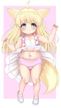 1girl absurdres animal_ear_fluff animal_ears arms_up blonde_hair blue_eyes chrocatz clothes_lift commentary commission dress dress_lift english_commentary flat_chest fox_ears fox_girl fox_tail highres loli long_hair navel original panties pink_panties pixiv_commission shoes smile solo sundress tail thighs underwear white_dress wind wind_lift