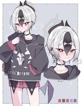 ... 1girl black_choker blue_archive blush border bright_pupils character_request choker closed_mouth collarbone color_guide ear_piercing earrings eyelashes grey_background grey_hair hair_between_eyes halo highres hood hood_down hooded_jacket horns jacket jewelry long_sleeves mixed-language_commentary multicolored_hair multiple_views o_ame_9 piercing plaid_clothes plaid_skirt red_eyes red_skirt short_hair simple_background skirt smile spoken_ellipsis tomboy twitter_username two-tone_hair white_border white_pupils zipper