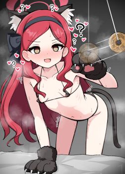 1girl :d ? @_@ animal_ears animal_hands bikini black_bikini blue_archive blush breasts cat_ears cat_tail coin coin_on_string gloves hairband halo hypnosis loli long_hair mamiyahara_hitoshige micro_bikini mind_control navel open_mouth paw_gloves pendulum red_hair small_breasts smile solo swimsuit tail takane_(blue_archive)