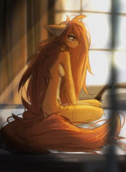 1girl animal_ears animal_feet animal_nose apogee_(tinygaypirate) blurry blurry_background body_fur breasts brown_eyes brown_hair closed_mouth completely_nude day dog_ears dog_girl dog_tail full_body furry furry_female highres indoors leg_tattoo light_particles light_rays long_hair nude on_bed original sitting small_breasts solo tail tattoo tinygaypirate very_long_hair