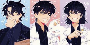 1girl 2boys animal animal_on_shoulder bag biyoo_(omniscient_reader&#039;s_viewpoint) black_eyes black_hair black_shirt bob_cut candy coat collared_shirt curtained_hair dumpling eating food grin hair_between_eyes han_sooyoung helele_nn highres holding holding_bag holding_candy holding_food holding_lollipop kim_dokja lollipop looking_at_viewer multiple_boys omniscient_reader&#039;s_viewpoint open_clothes open_coat shirt short_hair smile white_coat yoo_joonghyuk