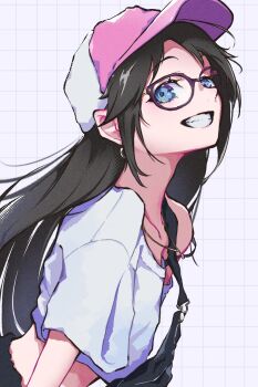 1girl alternate_hairstyle bag black_hair blue_eyes crop_top glasses goma_(gogo_gowa) grid_background grin hair_down hat highres idolmaster idolmaster_shiny_colors jewelry long_hair mitsumine_yuika necklace pink_hat shirt shoulder_bag single_off_shoulder smile solo white_shirt