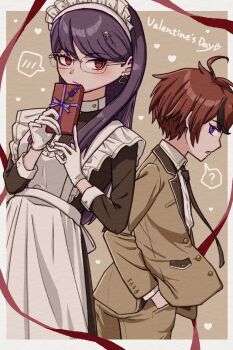 Rule 34 | 1boy, 1girl, ?, alternate costume, apron, black dress, black hair, black necktie, border, brown background, brown jacket, closed mouth, collared shirt, commentary request, dress, enmaided, fusn99, glasses, hand in pocket, highres, jacket, looking at another, maid, maid headdress, multicolored hair, necktie, outside border, pocket, profile, purple eyes, purple hair, red eyes, red hair, shirt, shizuhara hiruko, short hair, streaked hair, sumino takumi, the hundred line -last defense academy-, two-tone hair, valentine, white apron, white border, white shirt