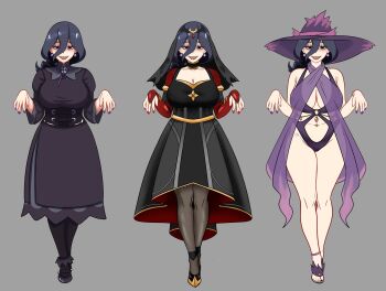 1girl anklet bags_under_eyes belly black_choker black_dress black_eyes black_hair black_pantyhose black_veil breasts bridal_gauntlets choker cleavage commentary cosplay crossed_ankles cynthia_(pokemon) cynthia_(pokemon)_(cosplay) cynthia_(sygna_suit)_(renegade)_(pokemon) dress earrings english_commentary eyes_visible_through_hair hair_between_eyes hex_maniac_(pokemon) hex_maniac_(pokemon_legends:_z-a) highres jewelry large_breasts mature_female mature_male medium_dress navel_piercing nintendo o-ring o-ring_one-piece_swimsuit one-piece_swimsuit open_mouth pantyhose piercing pokemon pokemon_legends:_z-a pokemon_masters_ex purple_nails purple_one-piece_swimsuit purple_scarf red_bridal_gauntlets red_nails romulproduce scarf sharp_teeth smile swimsuit teeth veil