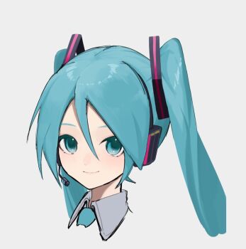 1girl aqua_eyes aqua_hair hatsune_miku headset koko_niiru long_hair looking_at_viewer mugshot simple_background solo twintails vocaloid white_background