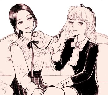 2girls blunt_bangs bow bowtie chuu_(loona) commentary earrings eyeliner frilled_shirt frills greyscale hand_on_another's_head highres jewelry k-pop makeup mascara monochrome multiple_girls ponytail real_life shirt sidelocks signature sitting skirt smile yori_(yooo_ri) yves_(loona)