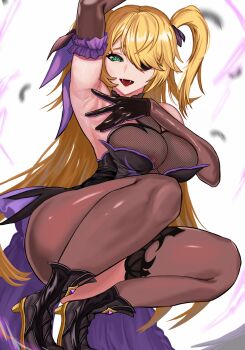 1girl ankle_boots armpits bad_deviantart_id bad_id bare_shoulders blonde_hair boots breasts fangs fischl_(genshin_impact) full_body genshin_impact gloves green_eyes high_heel_boots high_heels highres large_breasts long_hair looking_at_viewer loooyd open_mouth pantyhose presenting_armpit smile solo spread_armpit squatting thighhighs thighs