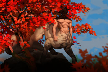 1boy animal_ears centauroid fox_boy fox_ears fox_tail full_body hanagata_kaede highres hooggu kemono_jihen male_focus muscular muscular_male pectorals short_hair solo tail taur topless_male tree tree_shade