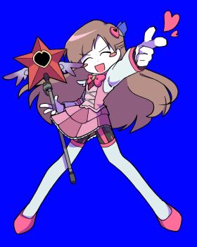 1girl ^_^ blue_background blush_stickers bow bowtie brown_hair closed_eyes e.g.o_(project_moon) employee_(project_moon) finger_gun full_body garter_straps hair_ornament heart heart_hair_ornament highres holding holding_wand in_the_name_of_love_and_hate_(e.g.o) lobotomy_corporation long_hair long_sleeves nugget_(project_moon) open_mouth pink_bow pink_bowtie pink_shoes pink_skirt pink_vest pleated_skirt project_moon shirt shoes simple_background skirt smile solo thighhighs uuu_(gyojamandu) vest wand white_shirt white_thighhighs