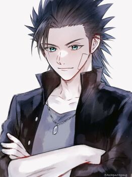 1boy 3wa_tari bandaid bandaid_on_cheek bandaid_on_face black_hair black_jacket blue_eyes blue_shirt closed_mouth collarbone commentary_request crossed_arms final_fantasy final_fantasy_vii final_fantasy_vii:_ever_crisis gakuran highres jacket jewelry looking_at_viewer male_focus necklace official_alternate_costume open_clothes open_jacket school_uniform shirt short_hair simple_background solo spiked_hair upper_body zack_fair zack_fair_(midgard_seventh_high_school)