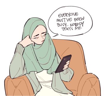 1girl armchair brown_eyes cellphone chair commentary english_commentary green_hijab grey_background hijab holding holding_phone original phone simple_background sitting smartphone solo speech_bubble winchestermegg