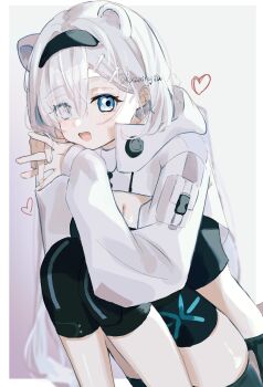 Rule 34 | 1girl, :d, absurdres, animal ears, arknights, aurora (arknights), aurora (elite ii) (arknights), bear ears, bear girl, black hairband, black shorts, black sports bra, blue eyes, blush, breasts, cleavage, extra ears, eyes visible through hair, feet out of frame, hair over one eye, hairband, heart, highres, kasumi kujira, long hair, long sleeves, open mouth, puffy long sleeves, puffy sleeves, short shorts, shorts, shrug (clothing), skindentation, smile, solo, sports bra, squatting, twitter username, white hair, white shrug