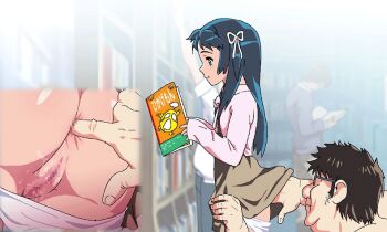 1boy 1girl age_difference anal anal_fingering animated animated_gif anus ass blue_hair book bookstore censored close-up clothed_female_nude_male clothes_lift fat fat_man fingering flat_chest hetero loli long_sleeves nighthawk_(circle) nude otaku panties panty_pull public_indecency pussy pussy_juice reading shop skirt skirt_lift sleeves_past_wrists source_request time_stop underwear zenra