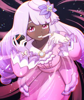 1girl absurdres blush bow chromatic_aberration commentary_request dark-skinned_female dark_skin dress eyelashes glint glove_bow gloves grin hands_up happy hat_ornament highres holding holding_poke_ball jacinthe_(pokemon) jewelry long_hair long_sleeves looking_at_viewer luxury_ball nintendo okazaki_(okzzzzzk) pink_dress poke_ball pokemon pokemon_legends:_z-a ring smile solo teeth tilted_headwear twintails white_gloves yellow_bow