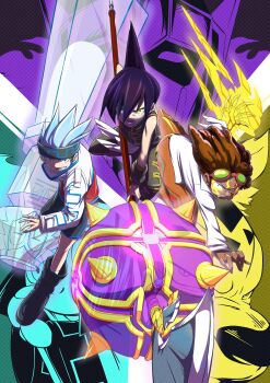 1girl 5boys absurdres animal artist_request aura bare_shoulders bason black_hair blue_eyes blue_hair boots chinese_clothes chocolove_mcdonell dark_skin facial_tattoo ghost hairband helmet highres holding holding_polearm holding_spear holding_weapon jaguar jumping kororo looking_at_viewer mic_(shaman_king) multiple_boys open_clothes open_mouth open_shirt polearm purple_hair serious shaman_king spear spiked_hair spirit tao_ren tattoo teamwork usui_horokeu weapon yellow_eyes