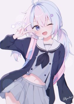 1girl :d ahoge artist_name backpack bag black_neckerchief blue_archive blue_hair blush commentary_request grey_shirt grey_skirt hair_ornament highres kyar0rain long_sleeves looking_at_viewer low_twintails midriff multicolored_hair navel neckerchief one_eye_closed open_mouth pink_bag pink_hair pleated_skirt reisa_(blue_archive) sailor_collar school_uniform shirt simple_background skirt smile solo star_(symbol) star_hair_ornament twintails twitter_username two-tone_hair v white_background white_sailor_collar