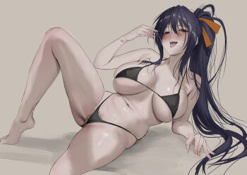 1girl bikini black_bikini black_hair breasts breasts_apart brown_background female_pubic_hair hair_ribbon high_school_dxd highleg highleg_bikini highres himejima_akeno jeneral knee_up large_breasts long_hair looking_at_viewer lying navel on_side open_mouth orange_ribbon ponytail pubic_hair pubic_hair_peek purple_eyes ribbon saliva smile solo swimsuit very_long_hair