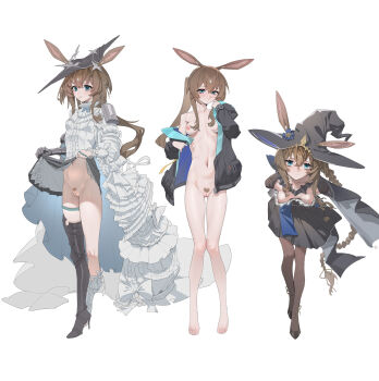 1girl amiya_(arknights) amiya_(guard)_(arknights) amiya_(guard)_(in_a_myriad_of_universes)_(arknights) amiya_(medic)_(arknights) amiya_(medic)_(solo_around_the_world)_(arknights) animal_ears arknights black_pantyhose blue_eyes blush boots braid breasts brown_hair cleft_of_venus coat commentary feet female_pubic_hair hair_between_eyes high_heel_boots high_heels highres long_hair lower_body navel nude pantyhose pigeon-toed ponytail pubic_hair pussy rabbit_ears shaped_pubic_hair simple_background skirt small_breasts solo thigh_strap white_background white_coat wohaimeiyou