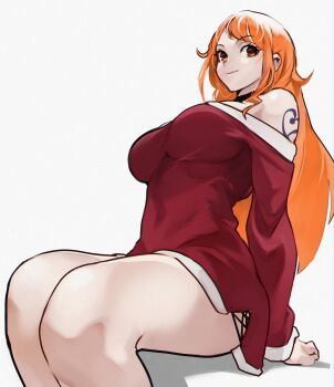1girl absurdres arms_behind_back bare_shoulders breasts closed_mouth commentary cowboy_shot dress highres invisible_chair kobi420 large_breasts long_hair looking_to_the_side nami_(one_piece) one_piece orange_eyes orange_hair red_dress santa_costume santa_dress shoulder_tattoo sidelocks simple_background sitting smile solo tattoo thick_thighs thighs white_background