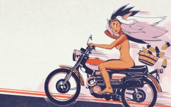 1girl aged_up animal_ears breasts bucket cabbit carrot commentary edtropolis english_commentary from_side goggles goggles_on_head highres humanization long_hair looking_at_viewer motor_vehicle motorcycle nude on_motorcycle open_mouth rabbit_ears rabbit_girl ryou-ouki ryou-ouki_(human) sideboob solo tenchi_muyou!