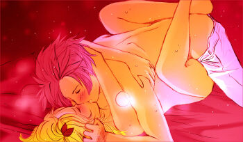 1boy 1girl blonde_hair blush closed_eyes fairy_tail hetero kiss lucy_heartfilia missionary natsu_dragneel pairing pink_hair ponytail sex sweat topless_female vaginal
