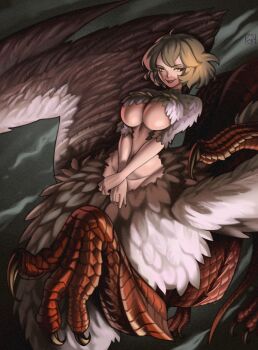 1girl blonde_hair body_fur breasts centauroid chimera claws closed_mouth commentary cowboy_shot dungeon_meshi evanleaves falin_touden falin_touden_(chimera) feathered_wings feathers hair_between_eyes highres large_breasts looking_at_viewer monster_girl multiple_legs navel own_hands_together red_scales short_hair sidelocks signature solo stomach talons taur underboob white_feathers wings yellow_eyes
