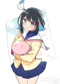 Rule 34 | 16bit sensation, 1girl, akisato konoha, black hair, blue eyes, blue hair, blue skirt, blush, cardigan, character request, clannad, fuurin kingyou, hikarizaka private high school uniform, looking at viewer, miniskirt, multicolored hair, school uniform, serafuku, short hair, skirt, smile, solo, yellow cardigan