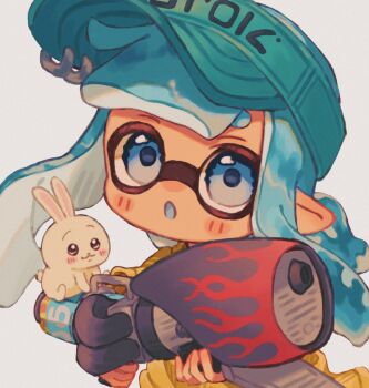 1girl :o aqua_hair aqua_headwear blue_eyes commentary gun highres holding holding_gun holding_weapon inkling inkling_girl inkling_player_character long_hair nintendo ochocho2828 pointy_ears rabbit range_blaster_(splatoon) simple_background splatoon_(series) splatoon_3 tentacle_hair upper_body visor_cap weapon white_background