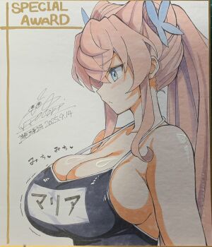 1girl bikini blue_bikini blue_eyes blue_one-piece_swimsuit blush breasts cleavage collarbone cototiworld hair_between_eyes hair_ornament highres large_breasts long_hair maria_cadenzavna_eve one-piece_swimsuit pink_hair school_swimsuit senki_zesshou_symphogear simple_background solo swimsuit very_long_hair white_background