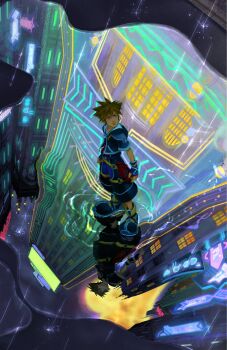 1boy blue_eyes brown_hair commentary english_commentary fingerless_gloves gloves highres hood hood_down hooded_jacket jacket kingdom_hearts kingdom_hearts_ii looking_up male_focus mimamilux neon_lights outdoors puddle rain reflection reflective_liquid shoes short_hair short_sleeves shorts solo sora_(kingdom_hearts) spiked_hair standing water